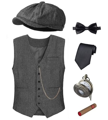 TOGROP 1920s Mens Costume Vest Hat Pocket Watch Accessories Set Adult Party Cosplay Dark Grey Medium