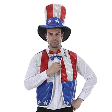 EraSpooky Mens Sequined Uncle Sam Costume Independence Day Fancy Dress