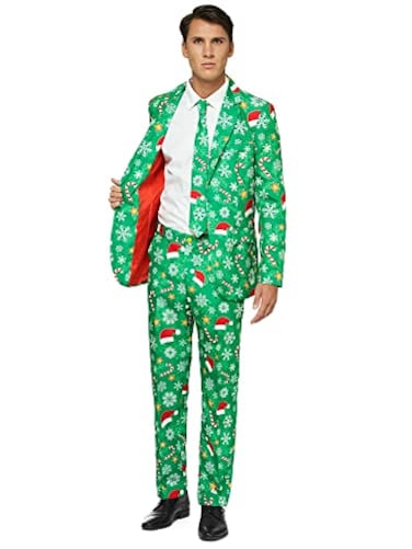 Offstream Mens Ugly Christmas Suit Crazy Holiday Clothing Green with XMas Icons Includes Blazer Pants Tie