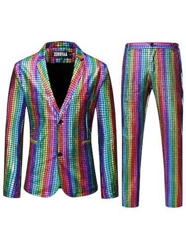 ZEROYAA Mens 70s Disco Suits Metallic Shiny Sequin Outfits Blazer and Pants Set Dance Party Costume Multicolor Large