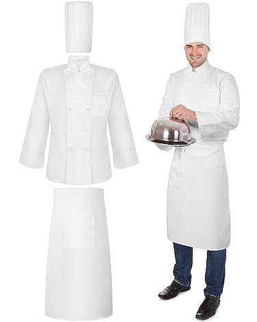 Hillban Halloween 3 Pcs Chef Unisex Costume Tall Hat Coat Bistro Apron Set Chef Jacket Coat Apron for ManLong SleeveWhiteLarge
