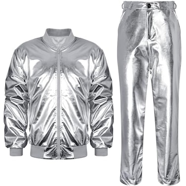 Halfchet Mens Metallic Jacket and Pants Set Jacket Men Straight Leg Trousers Costume for Men Disco Cosplay Party SilverMedium
