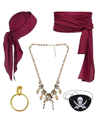 WooHand Pirate Costume Accessories Set 5Piece Pirate Head Scarf Sash Necklace Eye Patch Earring for Adults Red