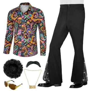 BONGZUO 70s Outfits for Men 6 Pcs Disco Outfit Retro Costume with Bell Bottom PantsZ3737STBKXL
