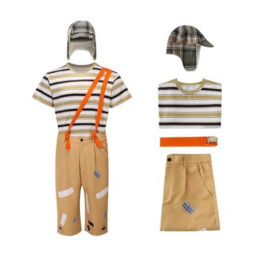 Cuzeolin Adults Chavo Costume Stripe TShirt Pants Suspenders with Hat Sets Cosplay Uniform Outfits L