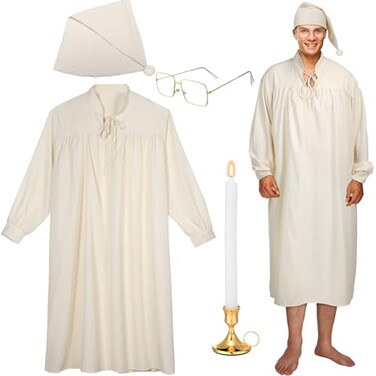 Cuffbow 5 Pcs Funny Pajama Set for Men Includes Mens Nightgown Sleeping Cap Glasses Candle Holder with CandleBeigeLarge