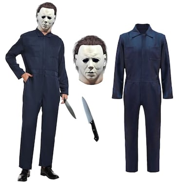 MKHFUW Adult Navy Blue Jumpsuit Coveralls with Mask And Classic Knife Medium