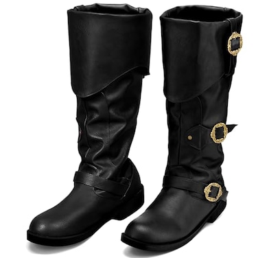 Cuffbow Pirate Costume Boots for Men Medieval Renaissance Steampunk Cosplay Boots Halloween Gothic Button Leather Shoes13Black