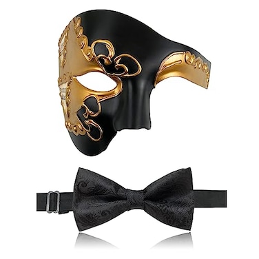 FunMular Masquerade Mask for Men Phantom of The Opera Half Face Mask with Bowtie Venetian Masks for Halloween Party Black Gold 2