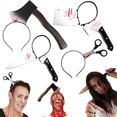 meetyours JOYEONDEF 4 Pcs Halloween Knife Headband Plastic Knife Axe Machete and Scissor Scary Accessories for Zombie Masquerade Party