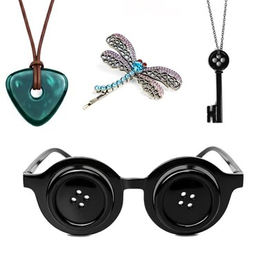 Coraline 6PCS Button Glasses Key Necklace Emerald Necklace Dragonfly Hair Clip Combo Set
