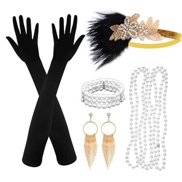 ASTARON 1920s Flapper Accessories Set for Women Flapper Headpiece Headband Fashion Roaring 20s Theme Set