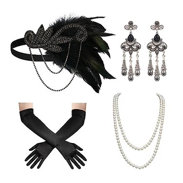 SWEETV 1920s Flapper Accessories Set for Women Roaring 20s Great Gatsby Headband Flapper Costume Accessories