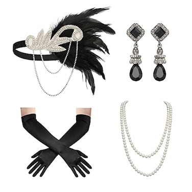 SWEETV 1920s Flapper Accessories Set for Women Roaring 20s Great Gatsby Headband Flapper Costume Accessories