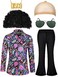 Mepase 6 Pcs Men 70s Disco Costumes Include Retro Shirt Bell Bottom Pants Wig Sunglasses Necklace Wig Cap for Disco PartyClassicMedium