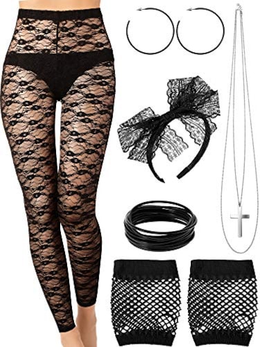 Blulu 80s Costume Set Earring Necklace Gloves Legging Bracelet for Retro Party M