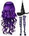 Janinka Halloween Witch Costume Set for Woman Wig Witch Hat Socks Black Dark Purple
