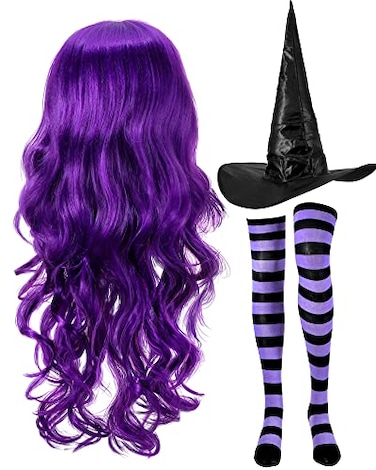 Janinka Halloween Witch Costume Set for Woman Wig Witch Hat Socks Black Dark Purple