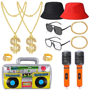 YAROMO 13 Pieces 80s 90s Party Decorations 90s Hip Hop Costume Kit Rapper Accessories Includes Inflatable Boom Box Bucket Hat Gold Chain Ring