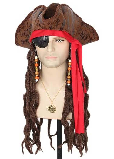 Topcosplay Unisex Pirate Hat with Dreadlocks Hair Braids Eye Patch Earring Necklace Pirate Costume Cosplay Set Brown