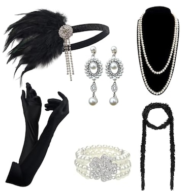 DRESHOW 1920s Great Gatsby Accessories for Women Flapper Headpiece Headband Gloves Costume Harlem Nights Accessories Set