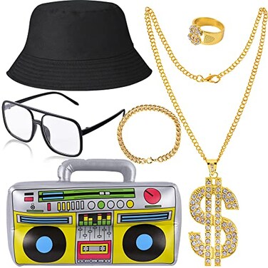 YAROMO 80s 90s Hip Hop Costume Kit with Dollar Sign 6 Pieces