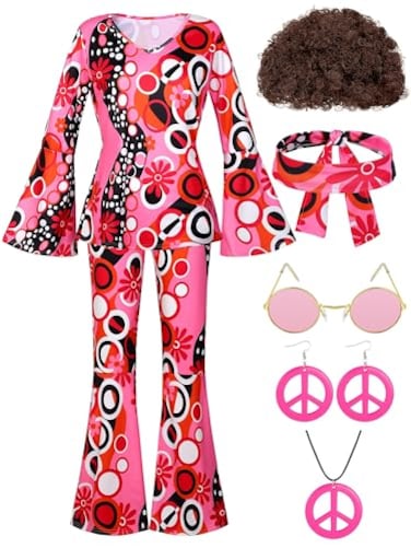 SOMSOC 7 Pack 70s Women Hippie Costume Set Boho Flared Pants Tie Dye Headband Necklacme Cosplay
