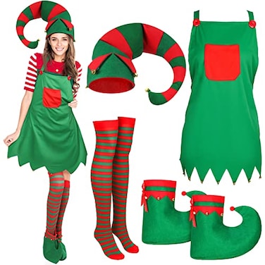 Funtery 4 Pcs Women Christmas Elf Costume Elf Accessories Set Including Extra Long Felt Hat Aprons Shoes Striped StockingVivid Style