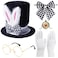 Hikkcos Rabbit Ear Hat 4PCS Easter White Rabbit Costume Set Includes Top Hat Rabbits Ears Topper Plush Hat Bow Tie Glasses Bunny Dress Up for Easter Halloween