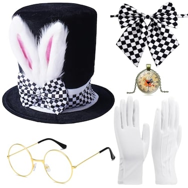 Hikkcos Rabbit Ear Hat 4PCS Easter White Rabbit Costume Set Includes Top Hat Rabbits Ears Topper Plush Hat Bow Tie Glasses Bunny Dress Up for Easter Halloween