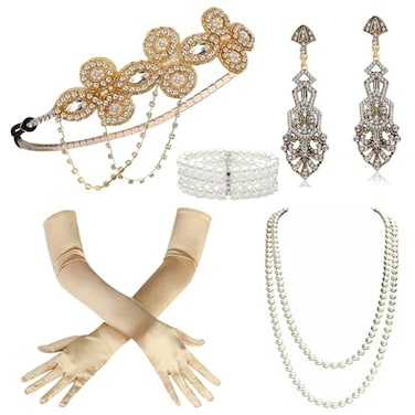 BABEYOND 1920s Flapper Accessories Gatsby Costume Accessories Set 20s Flapper Headband Pearl Necklace Gloves Plastic Holder