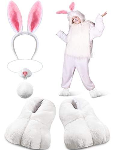 Giegxin 5 Pcs Adult Easter Bunny Costume White Rabbit Costume Bunny Shoes Rabbit Feet Ear Headband Nose Tailmedium