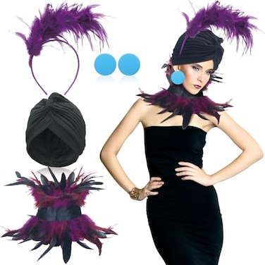 Langyiwee Villain Costume for Women Purple Feather Blue Collar Button Earrings Elastic Hat Feather Headband Halloween Costume