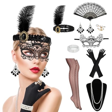 XLSXEXCL 9 Pcs Flapper Set for Women 1920s Costume Accessories Black