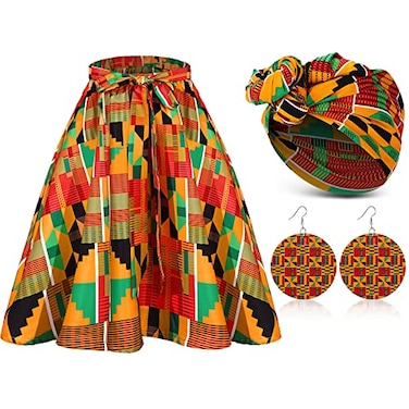 Coume 3 Pcs Women African Dashiki Skirt Traditional Costume African Bohemian Head Wrap Scarf Drop Dangle Earring Medium Multi