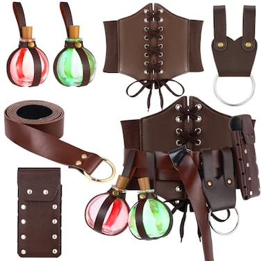 Ramede Halloween Renaissance Cosplay Costume Leather Ring Belt Witch Wizard Waist Corset Cork Potion Bottle Medieval PouchBrown