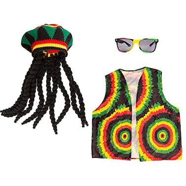 Tigerdoe Rasta Hat with Black Dreadlock Wig 3 Pc Set Reggae Hat Vest Sunglasses Jamaican Costume Accessories