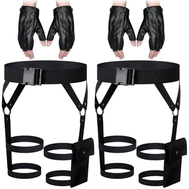 Kathfly 2 Sets Womens Multi Strap Garter and Leather Gloves Halloween Black Utility Goth Belt Costume with Pocket Adjustable Leg Straps for Halloween Party Cosplay Accessory