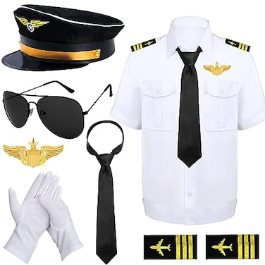 Matiniy Pilot Costume Set Including TShirt Pilot Hat Tie Aviator Sunglasses Badge for Adults Aviator Cosplay Dress Up Accessories Black 180