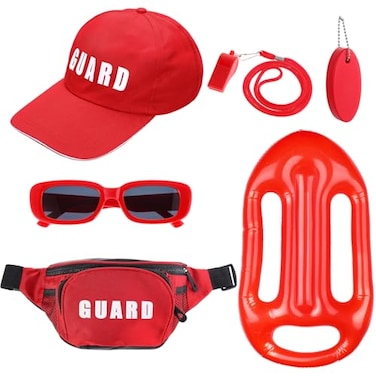 Jenaai 6 Pcs Guard Costume Set Includes Guard Hat Fanny Pack First Aid Zipper Pouch Inflatable Float Prop Whistle Lanyard Sunglasses Float Keychain Emergency Equipment Set for CosplayPeaked Cap