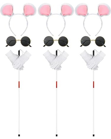 Liitrsh 12 Pcs Mouse Costume Accessories Set Mouse Headbands Round Sunglasses Folding Blind Cane White GlovesPink White Ear