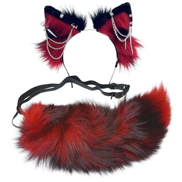 Ekwikzz Wolf Ears Tail Set for Adults Fox Wolf Headbands Clips Fluffy Cosplay Costumes Gothic Punk Accessories for Halloween SI Sword RE BL