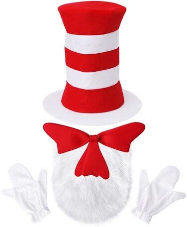OFIHIDO 5 Pcs Hallowen Costume AccessoriesRed White Striped HatsRed BowWhite FurryWhite Gloves