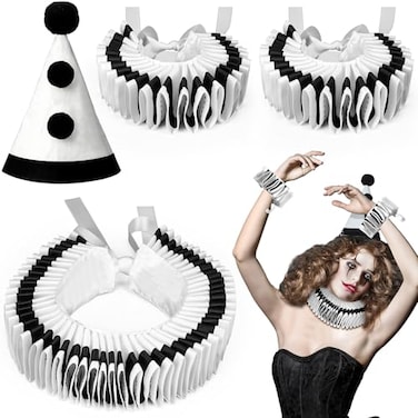 Maiteenly Collar Cuff Set Clown Accessories Elizabethan Renaissance Neck Ruff Clown Collar CuffsBlack White