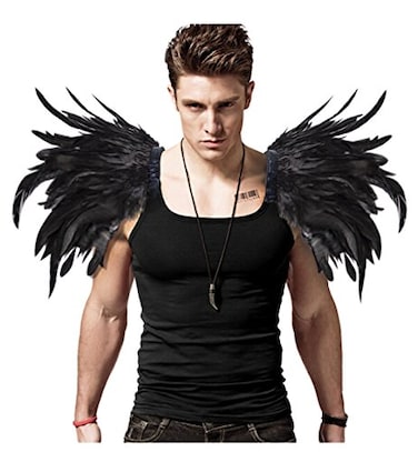 L'VOW LVOW Men Gothic Real Feather Epaulet Shrug Shoulder Strap for Halloween Costume Rooster Black