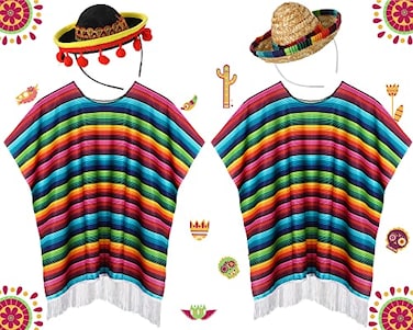 JaGely 4 Pcs Cinco De Mayo Mexican Serape Poncho Costume Set Fabric and Straw Sombrero HeadbandsRetro