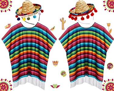 JaGely 4 Pcs Cinco De Mayo Mexican Serape Poncho Costume Set Fabric and Straw Sombrero HeadbandsBright
