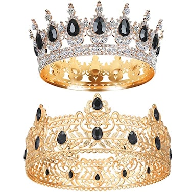 MTLEE 2 Pcs Prom King and Queen Crowns for Men Women King Queen Crowns Tiara with Rhinestone for Wedding Birthday GradBlack Gold Black Style