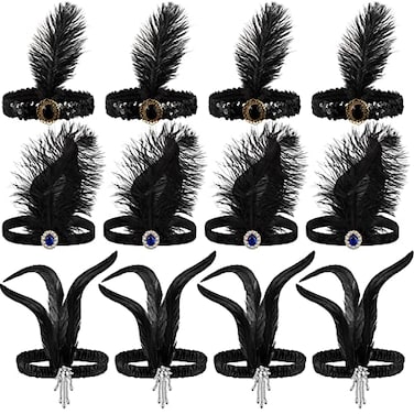 Seematn 12 Pcs 1920s Flapper Headband Flapper Headpiece 1920s Accessories Feather Headband for 20s Theme Party Carnival Black