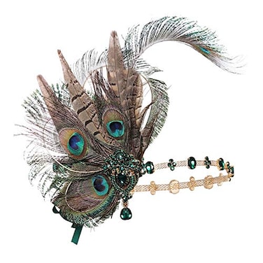Coucoland Flapper Peacock Feather Headpiece Great Gatsby 1920s Costumes for Women Roaring 20s Accessories Headband Mask